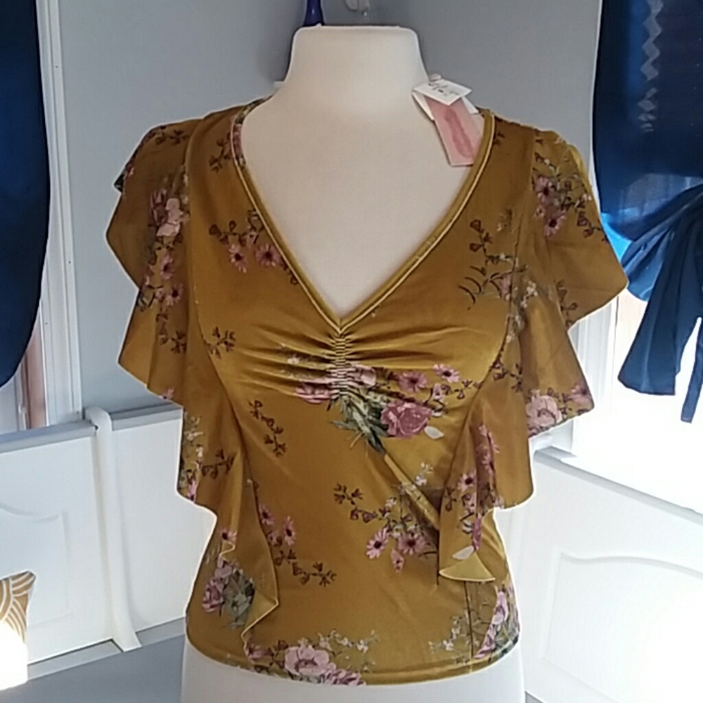 Stradivarius velvet yellow floral top